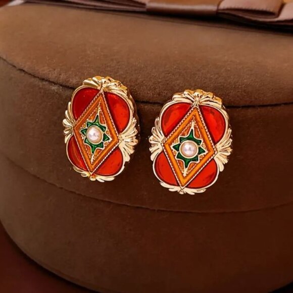 NEW Amelia Art Deco Copper Orange Enamel 18K Gold Plated Earrings - Picture 3 of 4